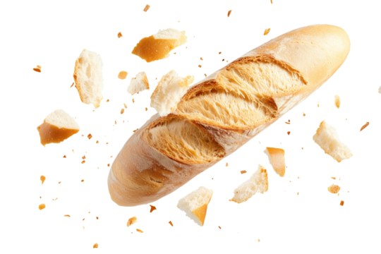a baguette bread flying in the air with broken pieces isolated on a transparent background