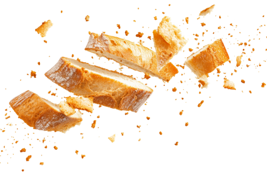 a baguette bread flying in the air with broken pieces isolated on a transparent background - Powered by Adobe