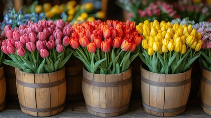 Colorful tulips displayed in wooden barrels at a flower shop during springtime