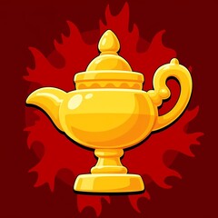 An ornate image of a yellow lamp with a yellow handle. The background is a fiery red color, adding depth and contrast.