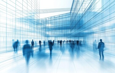 Urban professionals walking modern glass building atrium