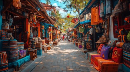 Naklejka premium Colorful market street filled with handicrafts and vibrant textiles in a sunny setting
