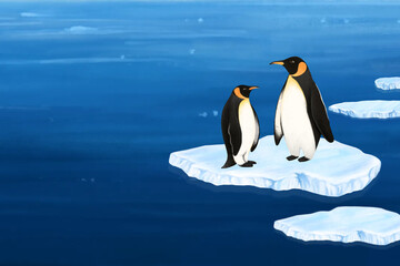 Obraz premium Penguin environment, blue background, aesthetic paint illustration