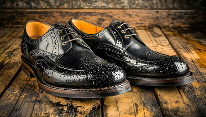 Polished black brogues on wooden surface