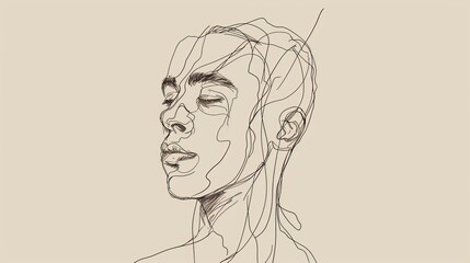 Elegant line art illustration of a serene face with closed eyes, showcasing minimalist and modern design aesthetics on a neutral beige backdrop. AI generated.