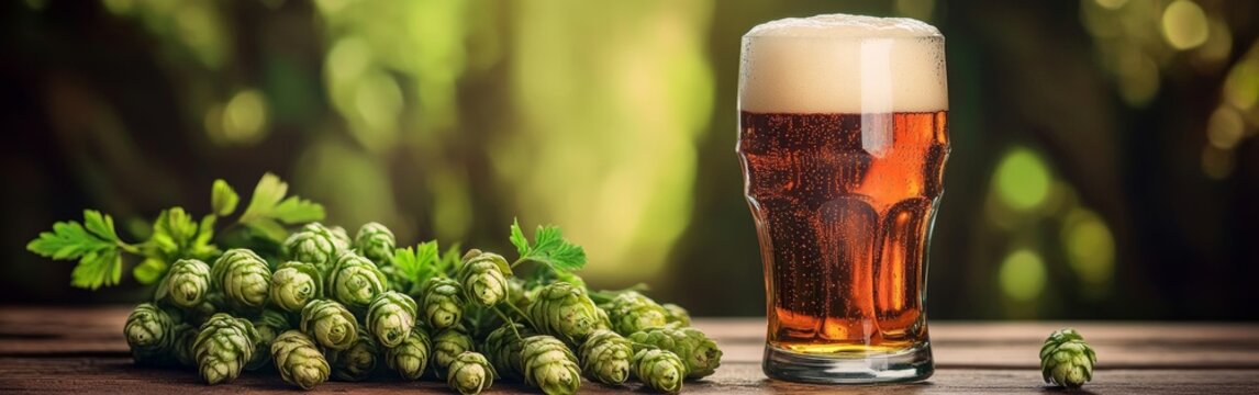 A classic beer glass filled with amber liquid sits on a rustic wooden table surrounded by fresh hops. The vintage style evokes a sense of nostalgia and warmth in a natural setting