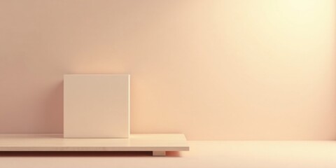 A simple, minimalist product display featuring a pale beige box on a light wood shelf against a soft peach wall, perfect for showcasing your items