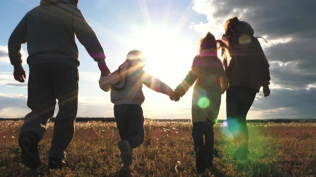silhouette child mother father, big happy family run sunset, take hand, run group team, children game, superhero plane pilot, people summer park, happy little girl boy sunset, boy girl park, happy