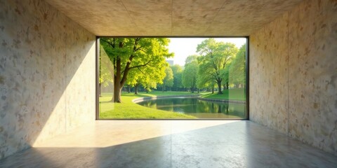 Serene Interior View Expansive Window Reveals a Tranquil Pond and Lush Green Landscape, Bathed in Sunlight