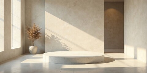 Sunlit Minimalist Interior with Circular Display Platform and Dried Floral Arrangement