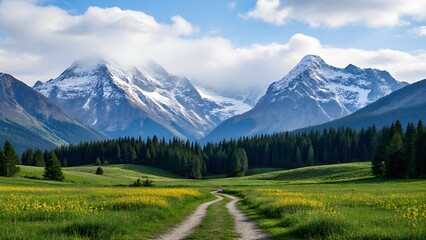 Obraz premium An idyllic path to the snowy mountains