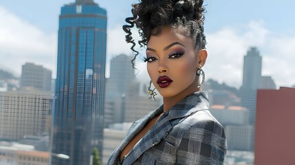 A model in a formal blazer, standing against a city backdrop with ample space on the left for promotional copy