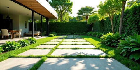 Fototapeta premium Modern Home Backyard Oasis Sunlit Patio, Lush Greenery, and Tranquil Stone Pathway