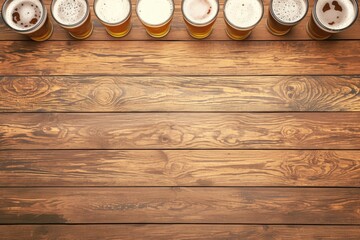 A rustic wooden table with an aerial view of multiple beer glasses lined at the top, leaving ample space for text. Ideal for bar menus, brewery promotions, and Oktoberfest designs