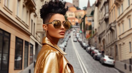 Obraz premium Stylish Woman in Gold Sequin Jacket Posing on City Street