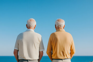 Two elderly men gaze out at the ocean, a moment of shared peace. The serene sky and calm waters create a tranquil scene, perfect for reflection and companionship.