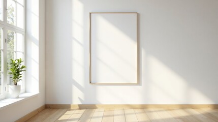 Fototapeta premium Sunlight Illuminates a Minimalist Room with a Blank Canvas and a Potted Plant