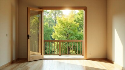Fototapeta premium Bright Sunlight Illuminates an Open Door Leading to a Wooden Balcony Overlooking Lush Greenery and a Tranquil Forest