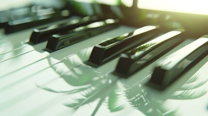 A detailed view of piano keys featuring artistic reflections of palm leaves, blending music and nature in a unique creative expression. AI generated.