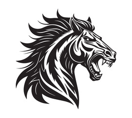 A high-contrast black and white vector illustration of a roaring horse's head,