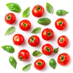 Fresh Red Cherry Tomatoes and Basil Leaves Pattern