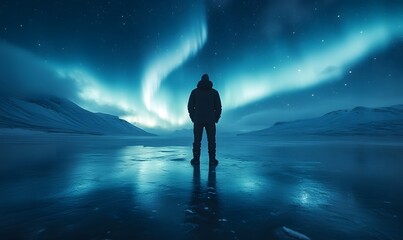 Fototapeta premium Silhouette of Person Observing Aurora Borealis Over Frozen Landscape with Reflections