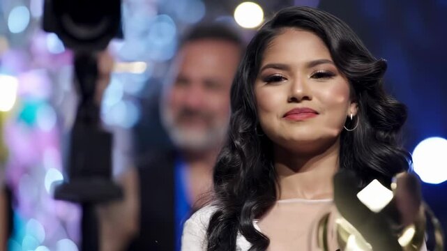 Beauty queen smiling and holding golden trophy award
