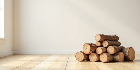 Stack of Rustic Wood Logs on Light Wooden Floor Against a White Wall