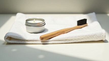 A relaxing scene featuring a small candle and a bamboo toothbrush resting on a soft, white towel, bathed in sunlight.
