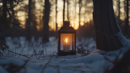 Illuminated Lantern In Snowy Winter Forest Sunset