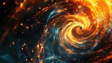 Obraz premium Vibrant cosmic swirl of fiery and blue particles for dynamic background design