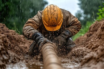 worker repairs sewer pipe during a breakthrough