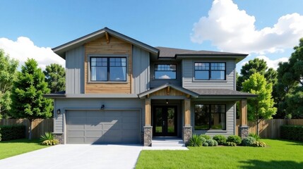 Modern Farmhouse Exterior Design Two-Story Home with Gray Siding, Wood Accents, and Landscaped Lawn