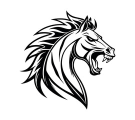 A high-contrast black and white vector illustration of a roaring horse's head,