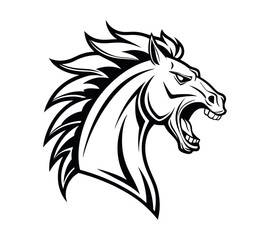 A high-contrast black and white vector illustration of a roaring horse's head,