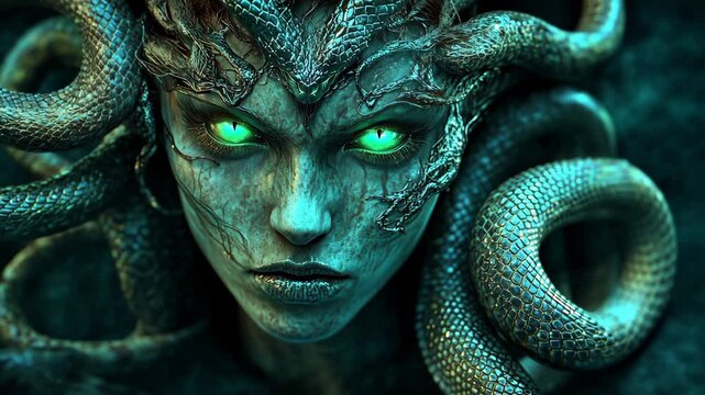 Portrait of Medusa character from greek mythology with snake on her head and glowing green eyes