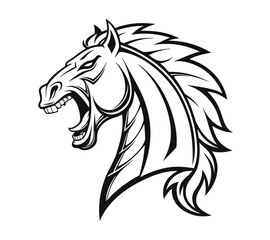 A high-contrast black and white vector illustration of a roaring horse's head,
