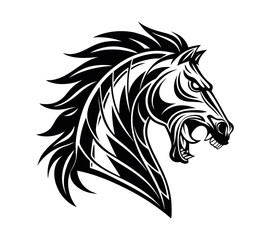 A high-contrast black and white vector illustration of a roaring horse's head,