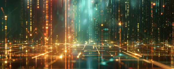 Fototapeta premium Futuristic digital city with glowing golden data streams, representing artificial intelligence, virtual networks, and advanced technology