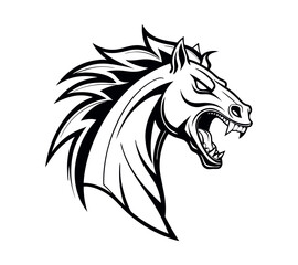 A high-contrast black and white vector illustration of a roaring horse's head,