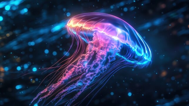 Futuristic glowing jellyfish swimming in a deep-sea neon-lit environment.