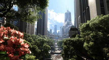 Fototapeta premium Digital Illustration Of Urban Park With Lush Trees And Pink Flowers