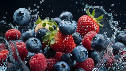A close-up image of ripe blueberries, raspberries and strawberries with a splash of water in the air, showcasing the freshness and vibrant flavor
