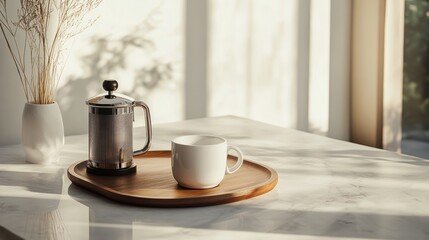 Fototapeta premium French press coffee served on a wooden tray in a softly lit morning setting.