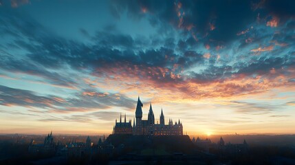 Naklejka premium Ruined Castle Silhouette at Sunset Over a Cityscape