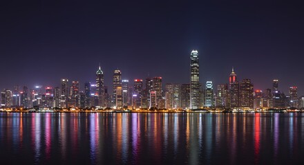 Obraz premium City Skyline Reflecting on Water at Night with Modern Architecture
