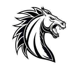 A high-contrast black and white vector illustration of a roaring horse's head,
