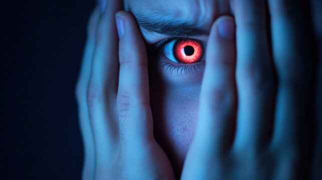 person with hands covering face and red eye