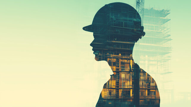Double Exposure of Construction Worker with Industrial Site, Labor Day, Engineering Concept. Generative AI - Powered by Adobe