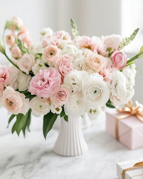 Elegant spring flowers and gift box on a wooden table
